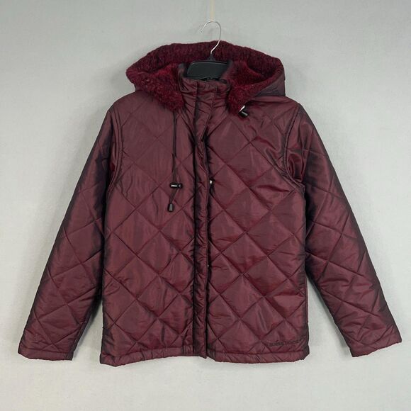 Vintage Guess Jacket Womens Medium Maroon Quilted Fur Hooded Retro Coat Y2K Mall - Picture 1 of 16